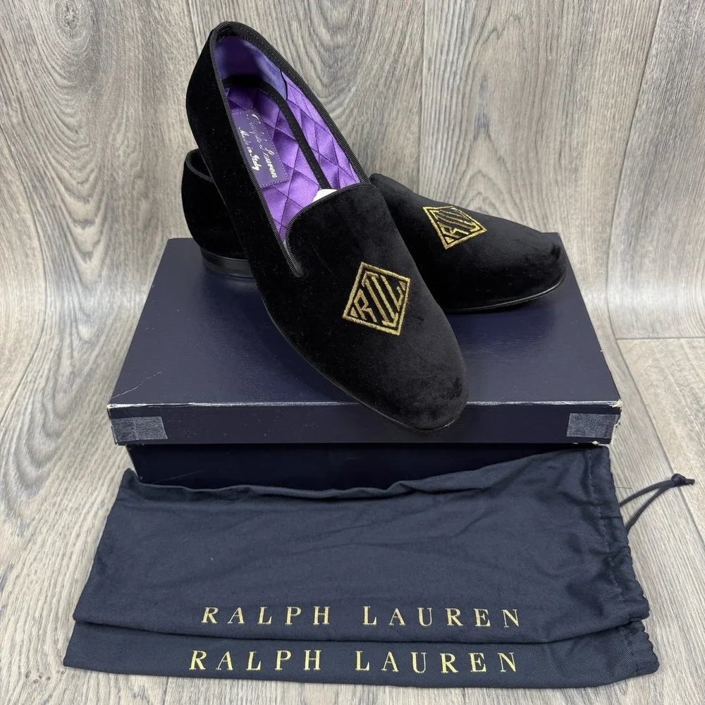 NEW Ralph Lauren Purple Label Alonzo Black Velvet RL Deco Bullion Slippers 12 D